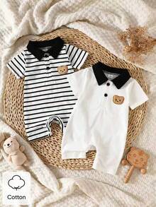 SHEIN 2piezas/Set Mono Infantil Casual Lindo con Cuello de Botones, Manga Corta, Estampado y Bloques de Color a Rayas - Blanco y Negro - Ver 2