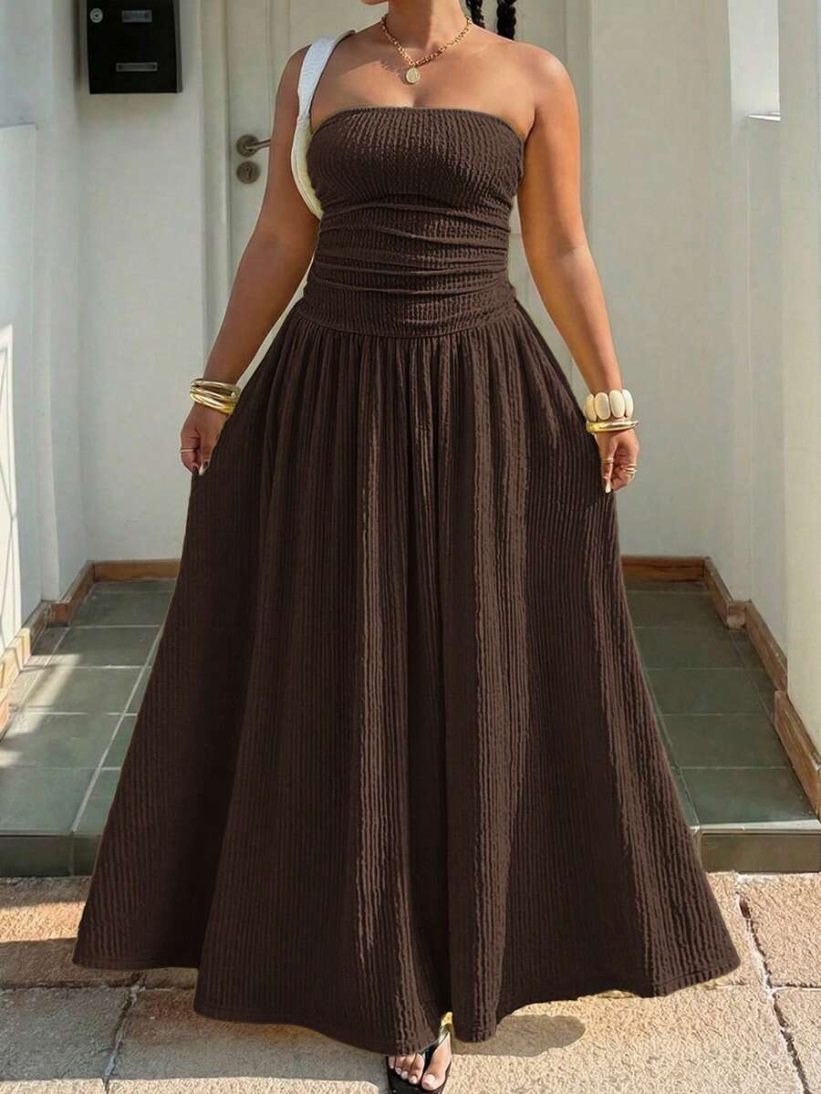 Muchica Plus Size Brown Solid Minimalist Casual Tube Dress - Brown - View 1