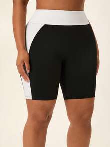 Voyena Plus Size Women's Colorblock Fitted Sports Shorts - Black - View 4