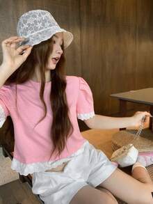 DAZY Áo thun nữ tay ngắn kẻ sọc phối ren và bèo nhún phong cách Hàn Quốc cho mùa hè - Hồng - Xem 10