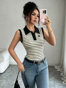 SHEIN Elenzya 女士休闲条纹刺绣 Polo 领半拉链无袖针织背心，优雅日常通勤之选 - 黑色 - 查看 5
