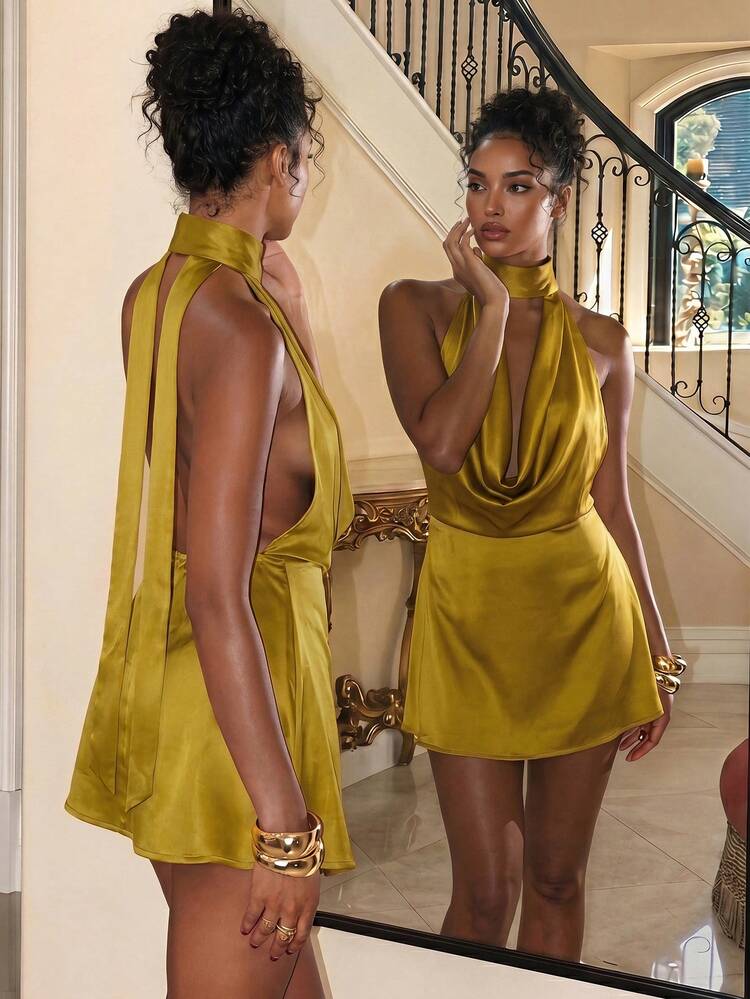Aloruh Váy ngắn hở lưng gợi cảm với cổ khoét sâu và dây buộc, trang phục hẹn hò lãng mạn - Màu Mù tạt vàng - Xem 1