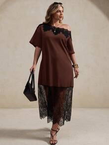 Elegantrix Plus Size Women's Spring/Summer Asymmetrical One-Shoulder Lace Patchwork Elegant Dress - Brown - View 5