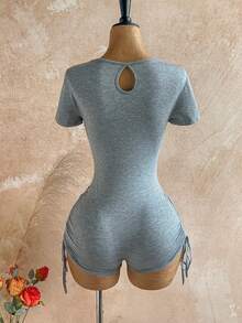 Soleia Women's Solid Color Short Sleeve Contrast Lace 2 In 1 Design Side Drawstring Fashion Romper - Grey - View 2