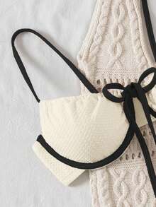Swim Basics Women's Contrast Color Trim Twist Front Bikini Set For Summer Beach Vacation - Beige - View 4