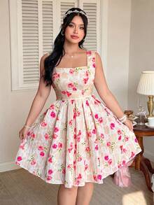 FleurLily Vestido de mujer de talla grande con tirantes anchos, cintura alta y falda acampanada - Albaricoque - Ver 6