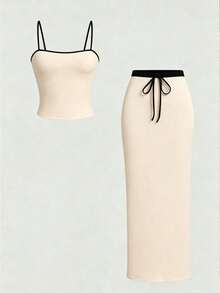 SHEIN PariChic 女款拼色細肩帶上衣與裙子休閒性感兩件套 米色夏季早午餐外出穿搭 - 杏色 - 查看 3