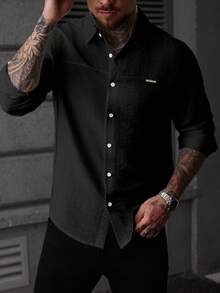 Manfinity CasualCool Men's Solid Color Long Sleeve Textured Structure Shirt, Formal - Black - View 3