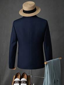 Manfinity Mode Blazer de negocios de manga larga con botones de unicolor para hombres, traje formal de oficina para eventos nocturnos, ceremonias - Azul Marino - Ver 2