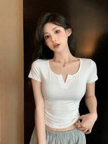 DAZY Women's Spring/Summer Casual Solid Color Fitted T-Shirt - White - View 5