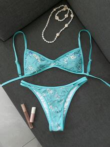 Costavie 夏季海灘女款亮片露背繫帶細肩帶上衣與三角褲比基尼套裝 - 藍色 - 查看 3