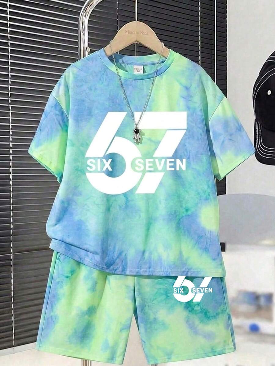 SHEIN 2件套儿童/青少年男童休闲扎染数字67印花短袖T恤和短裤套装，适合通勤、上学、日常休闲、运动、春夏穿着。 - 綠色 - 查看 1