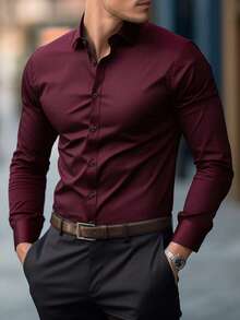 Manfinity Mode Men's Business Casual Burgundy Shirt,Solid Color Stand-Up Collar Long Sleeve Button Formal Shirts For Office,Autumn Fashion Daily Wear & Party Gift, Ceremony - Burgundy - View 4
