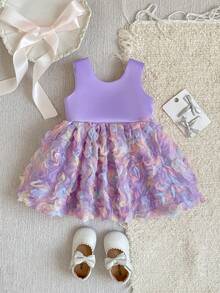 SHEIN Glamorique Kids 女嬰無袖公主洋裝，淡紫色緞面上身搭配彩色3D花朵刺繡裙襬，背面附可拆式大蝴蝶結，適合1歲生日派對、生日慶祝、婚禮花童、家庭聚會、日常出遊、拍照、度假、畢業舞會 - 紫色 - 查看 5