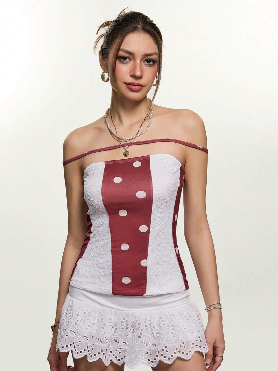 INAWLY Sexy Contrast Lace Cropped Top, Sweet & Spicy Retro Contrast Color Niche Versatile, Suitable For Outings, Music Festivals, Valentine's Day, School - Red and White - View 1