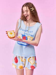 Notgurli Fried Egg Print Camisole Shorts Pajama Set For Women Loungewear Aqua Blue Summer Cute - Multicolor - View 7