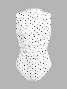 SHEIN Body & Mono para niñas preadolescentes, mono ajustado de punto blanco con estampado de lunares y cintura fruncida - Blanco - Ver 6