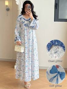 Al Najma Loose Fit White & Blue Butterfly Print Embellished Long Dress, Spring/Summer - Multicolor - View 10
