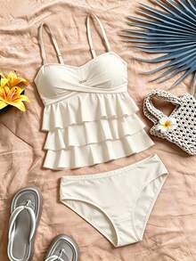 Swim Basics 全球夏季熱銷新款女款性感優雅坦基尼泳衣套裝，海灘度假游泳上衣搭配多層波浪邊工藝，黑色純色面料，運動休閒可拆卸肩帶掛脖式兩件式坦基尼泳衣套裝 - 白色 - 查看 6