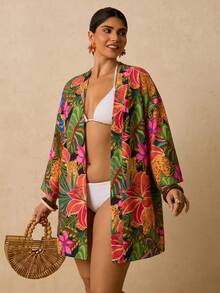 Travachic Plus Size Women's Apricot Ocean Fish Print Cover-Up, Mid-Length Sleeve Loose Kimono Top, Romantic Early Spring Beach Hot Spring Pattern Shirt - Multicolor - View 1