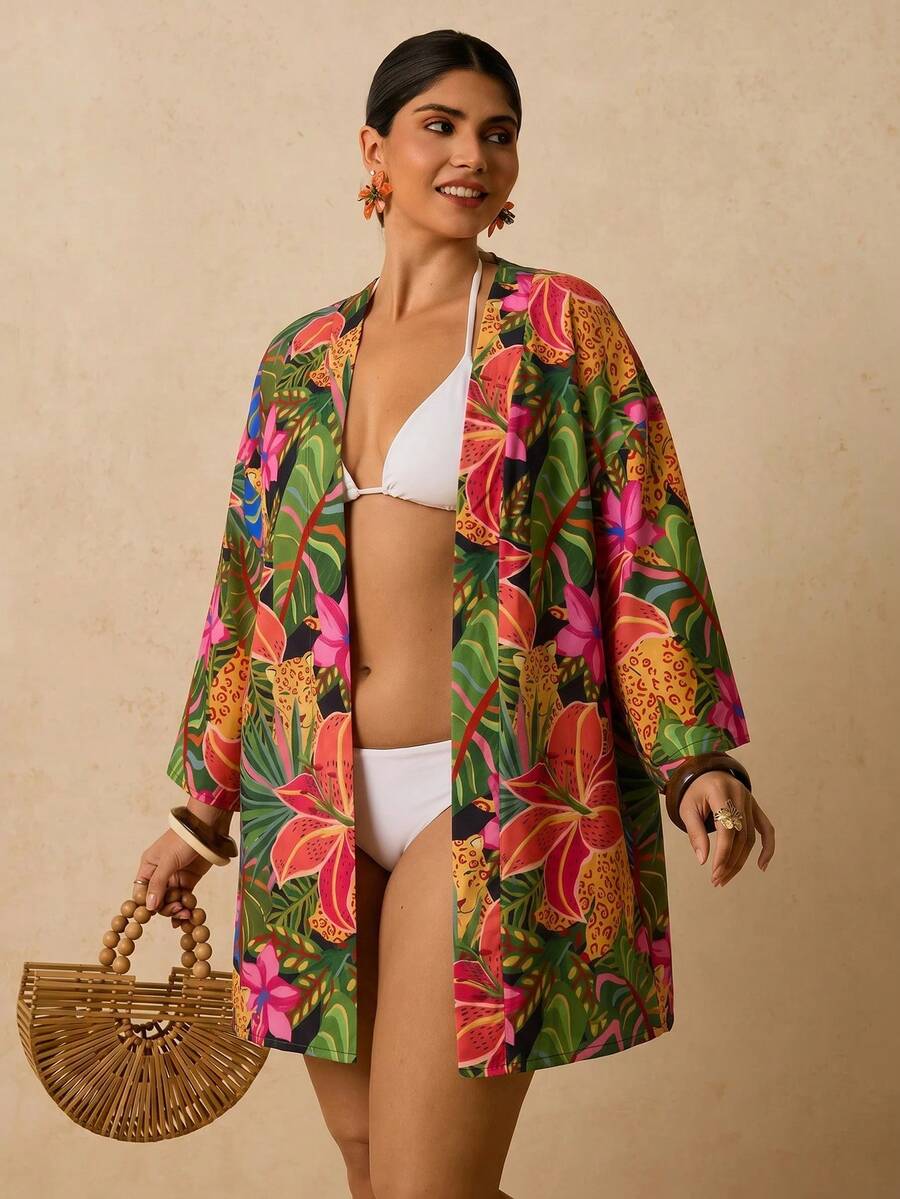 Travachic Plus Size Women's Apricot Ocean Fish Print Cover-Up, Mid-Length Sleeve Loose Kimono Top, Romantic Early Spring Beach Hot Spring Pattern Shirt - Multicolor - View 1