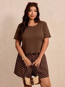 Elaquor Women's Plus Size Solid Color Round Neck Top And Geometric Pattern Shorts Set - Coffee Brown - View 5