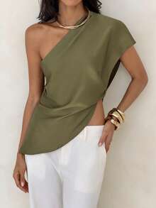 Aloruh Army Green Woven One-Shoulder Women's Shirt - Army Green - View 8