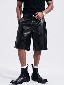 NobleFwd Men's Black Shorts, Crocodile Embossed PU Leather Shorts, Fashion Versatile Bermuda Shorts - Black - View 1