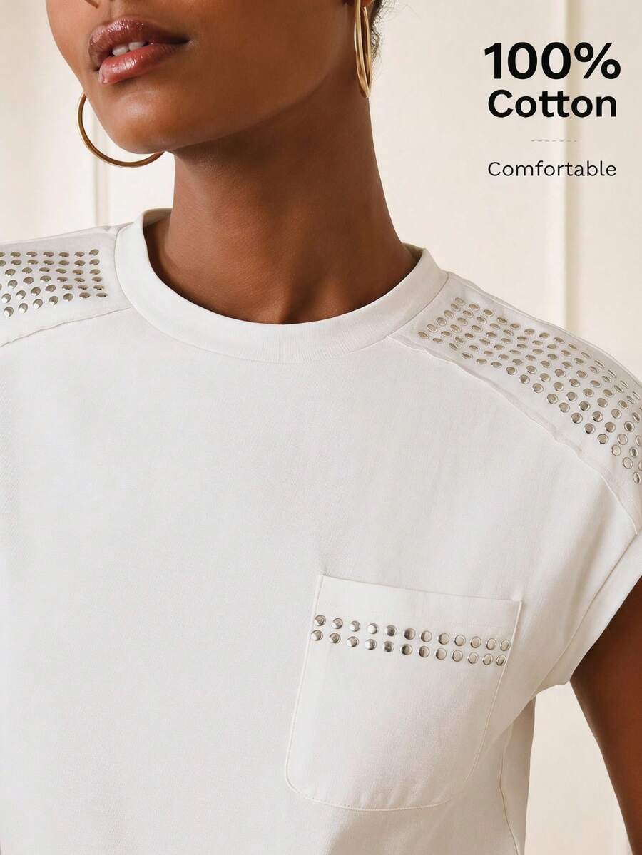 Lilora Áo thun nữ bằng cotton nguyên chất đính sequin mới, kiểu dáng thời trang, đa năng, thanh lịch, phù hợp cho đi làm, đi chơi, tụ họp, hẹn hò, dự tiệc, thư giãn, dã ngoại, kỳ nghỉ, mùa hè, các chuyến du lịch. - trắng - Xem 1