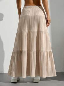 SHEIN EZwear Rok Midi Wanita Ukuran Plus Bergaris Model Ikat untuk Liburan Musim Gugur - Khaki - View 2