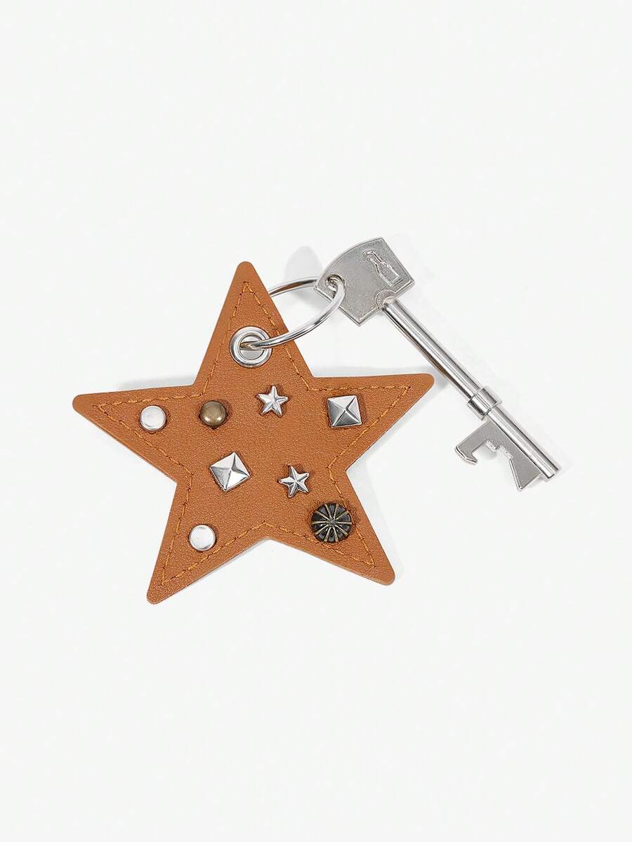 Viva Strut 1件棕色人造皮革甜酷辣妹風Y2K鉚釘五角星包包鑰匙圈吊飾 龐克風個性化包包配件 - 棕色 - 查看 1