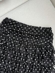 SHEIN 少女波點印花層次荷葉邊裙襬休閒裙，秋季海灘度假黑白波點裙 - 黑色 - 查看 5
