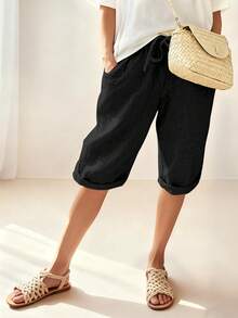 INAWLY Plus Size Casual Loose Simple Solid Color Shorts - Black - View 1
