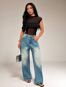 SHEIN PETITE Bodysuit không tay màu đen gợi cảm phối lưới xuyên thấu bất đối xứng, Bodysuit xuyên thấu gợi cảm màu đen - màu đen - Xem 1