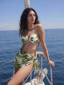 Maija Women's Summer Vacation Beach Allover Print Ruched Spaghetti Strap Bikini Set With Cover-Up And Skirt Bathing Suits For Women - Green - View 1