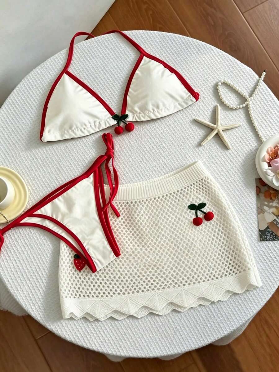 Flirla 夏季白色镂空性感可爱俏皮女孩海滩度假草莓樱桃装饰针织迷你裙 - 白色 - 查看 1
