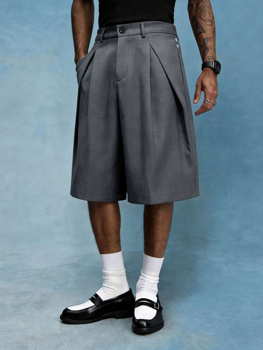 PAVTROS Men's Double Pleated Silhouette Rivet Design Wide Leg Shorts Casual Versatile - Dark Grey - View 1