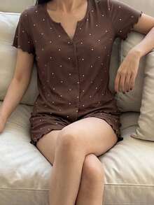 Livesso 女士夏季波点图案开衫短袖上衣和短裤两件套睡衣套装 - 棕色 - 查看 6