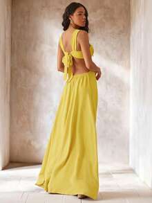 Hauture Women's Solid Color Pleated Hollow Out Sexy Party Long Dress - Yellow - View 5