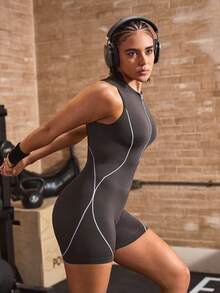 Powerista Women's Stand Collar Backless Sports Tank Top Romper - Dark Grey - View 4