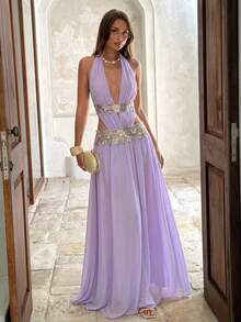 Aloruh Đầm dài màu hồng lãng mạn dành cho nữ, kiểu Bohemian, trang trí ruy băng, hở lưng gợi cảm. - Hồng - Xem 1