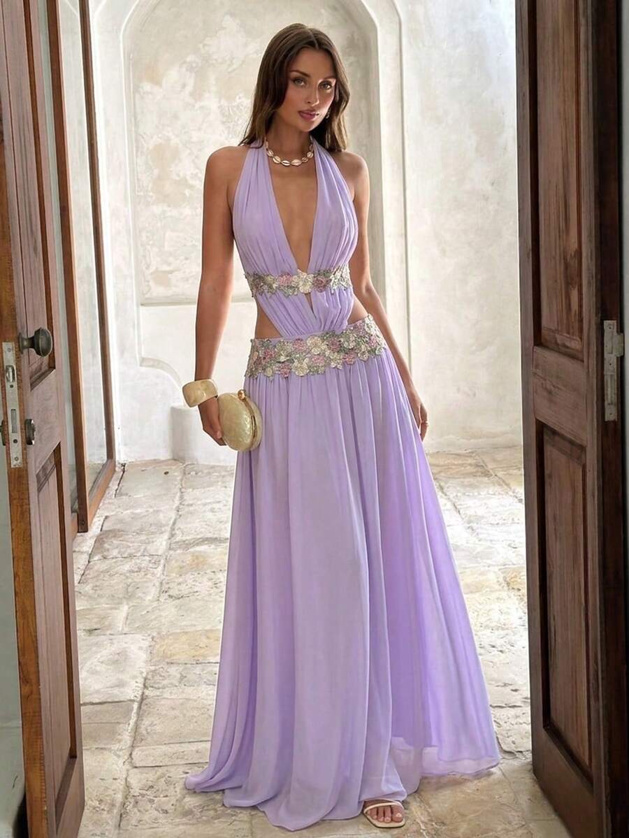 Aloruh Đầm dài màu hồng lãng mạn dành cho nữ, kiểu Bohemian, trang trí ruy băng, hở lưng gợi cảm. - Hồng - Xem 1