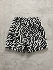 ROMWE MEN Men's Zebra Print Plush Fabric Loose Shorts - Black and White - View 3