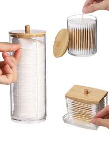 Ball Dispenser 3 Pieces Set, Round Pad, Clear Plastic Bottle Set With Dental Floss, Bathroom Storage Box, Cosmetic Organizer With Wooden Lid For Dressing Table, Vacation, Beach, Bathroom, Bedroom, Large Capacity. - Multicolor - View 5