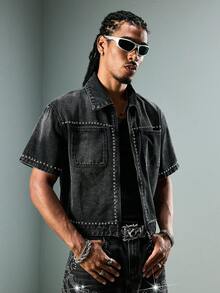 ROMWE MEN Street Life Áo khoác denim nam khóa kéo phong cách casual đa năng dùng hàng ngày và du lịch - Xám - Xem 6