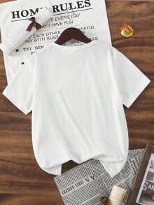 青少年女孩春夏服飾，休閒時尚創意個性清新高端極簡粉色蝴蝶結設計圖案印花夏季休閒風基本款白色短袖T恤，舒適日常穿著，愜意夏秋風格，適合春夏秋季女孩氣質穿搭上衣 - 白色 - 查看 2
