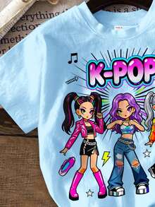 Tween Girl Round Neck Letter Cartoon Print Short Sleeve T-Shirt, Suitable For Holidays, Parties And Daily Wear - Multicolor - View 4