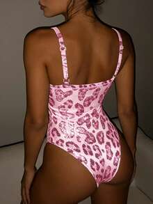 Rovax Women's Spaghetti Strap Leopard Print Bodysuit, Sexy Sleeveless Fitted Digital Printed Bodysuit - Multicolor - View 2