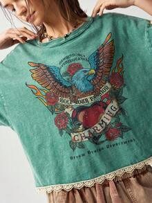Bohemela 大尺碼花卉印花蕾絲拼接休閒百搭T恤 - 綠色 - 查看 3