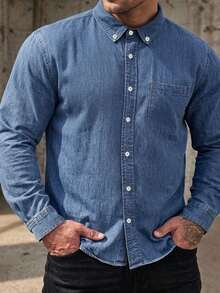DAZY Blue Washed Distressed Long Sleeve Thin Fit Plus Size Men's Denim Shirt Fall - Blue - View 4